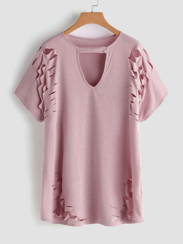 OEM ODM V-Neck Plain Cut Out Short Sleeve Pink Plus Size Tops