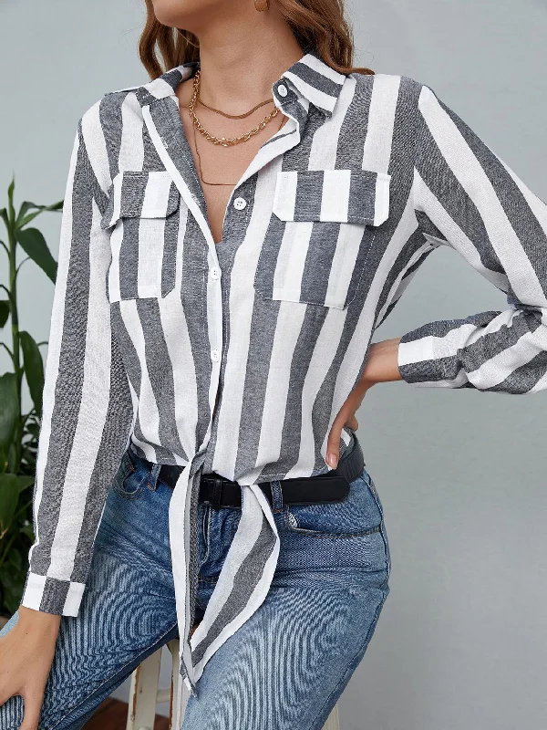 Casual Striped Button Front Long Sleeve Collar Regular Blouse