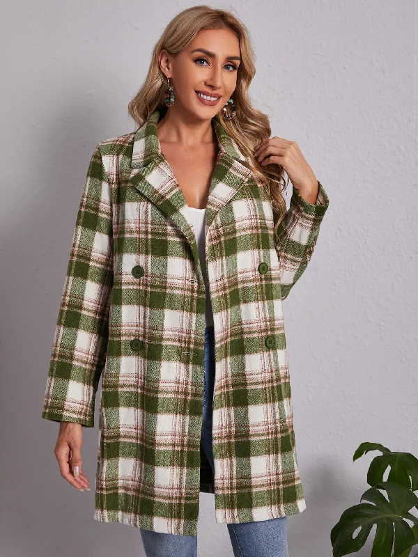 Plaid Double Button Long Sleeve Lapel Short Women Overcoat