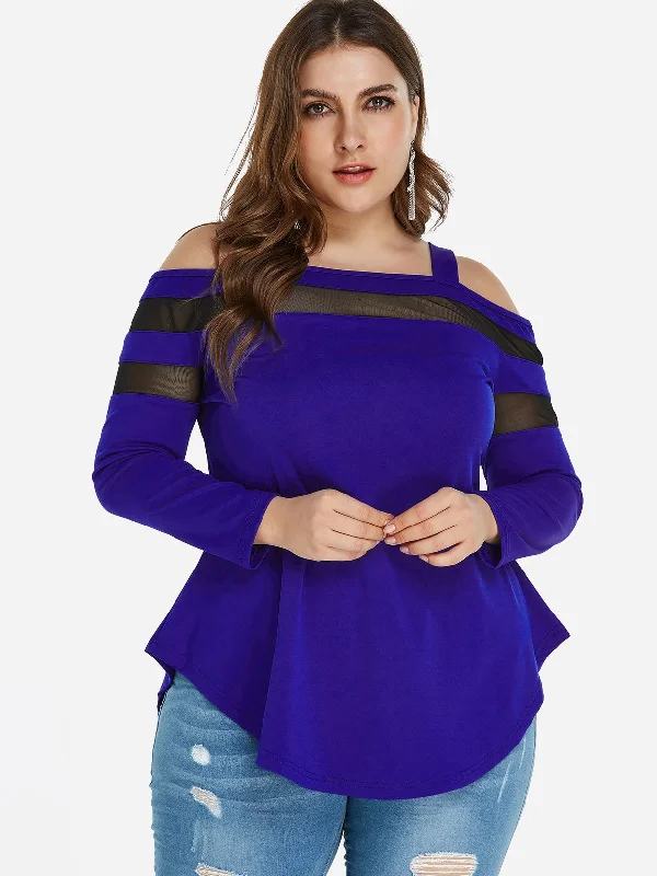 OEM ODM Cold Shoulder Plain Cut Out Long Sleeve Curved Hem Blue Plus Size Tops