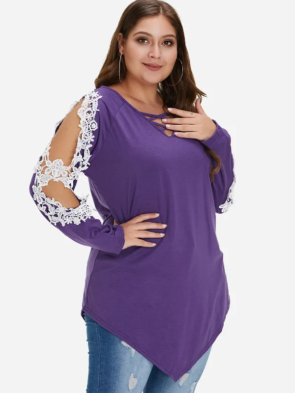 OEM ODM V-Neck Plain Lace Cut Out Criss-Cross Long Sleeve Curved Hem Purple Plus Size Tops