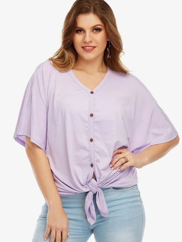 OEM ODM V-Neck Plain Half Sleeve Purple Plus Size Tops