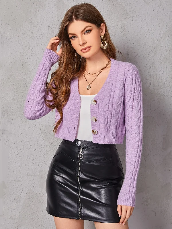 Casual Plain Button Front Long Sleeve Crop Women Cardigan