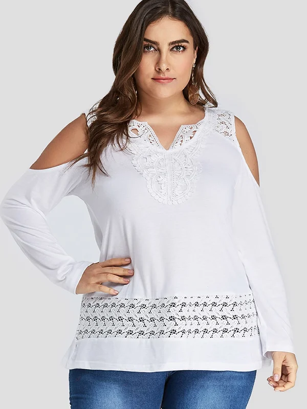 OEM ODM V-Neck Embroidered Lace Long Sleeve White Plus Size Tops