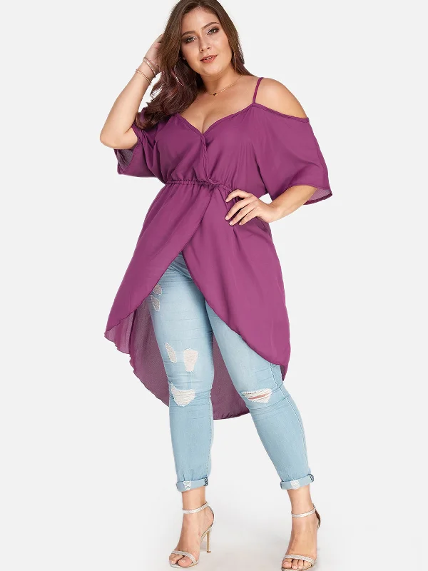 OEM ODM Cold Shoulder Plain Backless Half Sleeve Irregular Hem Plus Size Tops