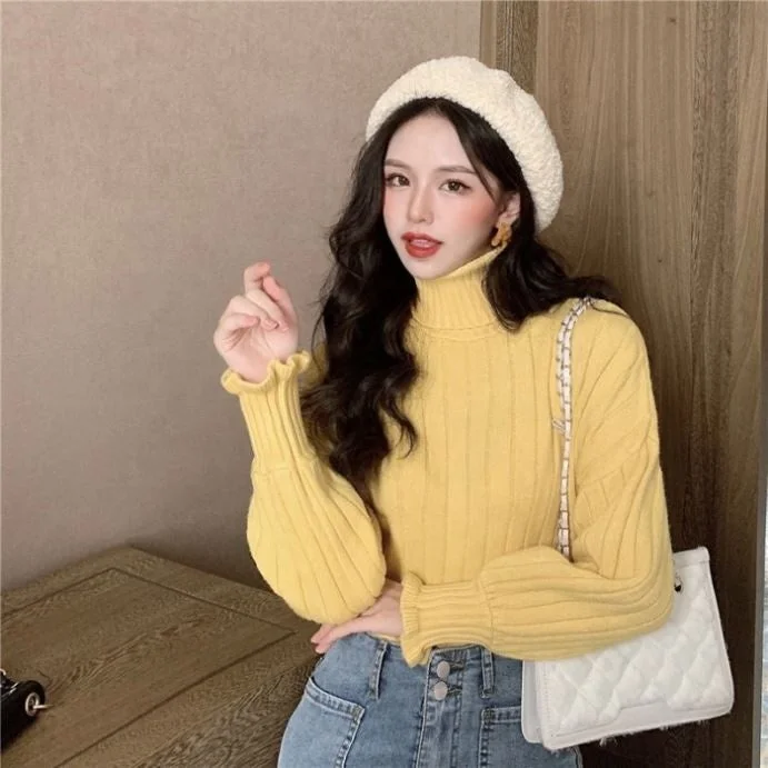 knitted top turtleneck pullover women's autumn and winter loose bf idle style design sense niche