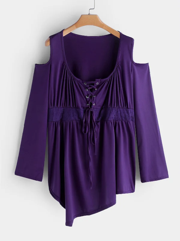 OEM ODM Cold Shoulder Plain Hollow Lace-Up Pleated Long Sleeve Purple Plus Size Tops