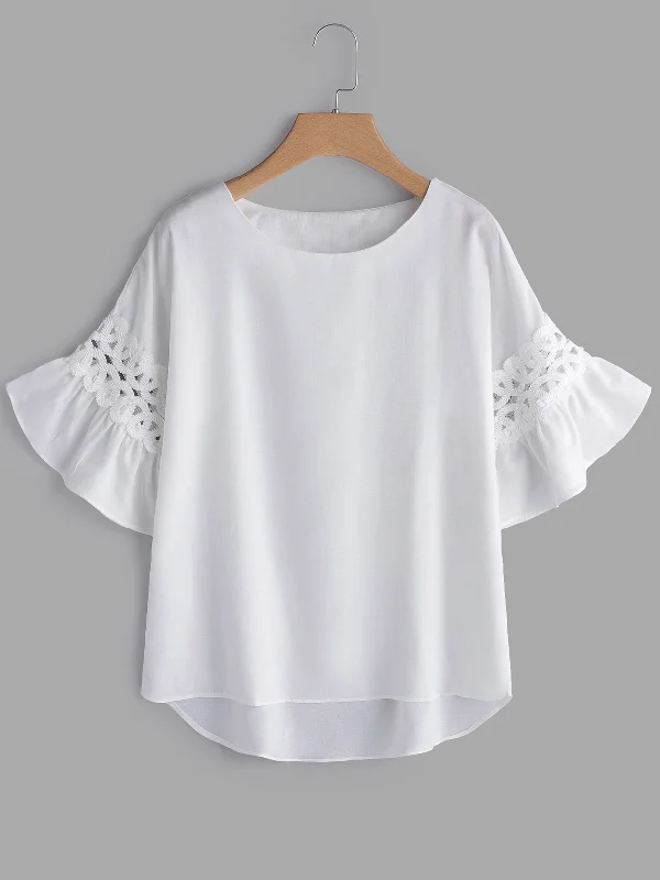 OEM ODM Round Neck Plain Lace Half Sleeve Plus Size Tops