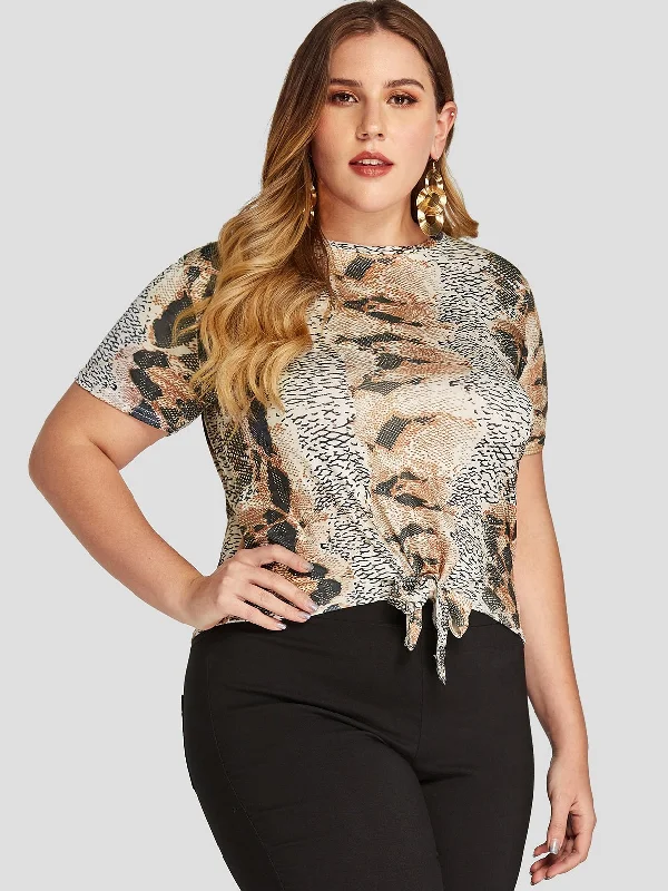 OEM ODM Round Neck Snake Self-Tie Short Sleeve Plus Size Tops