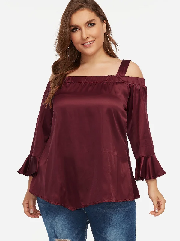 OEM ODM Cold Shoulder Plain Long Sleeve Burgundy Plus Size Tops