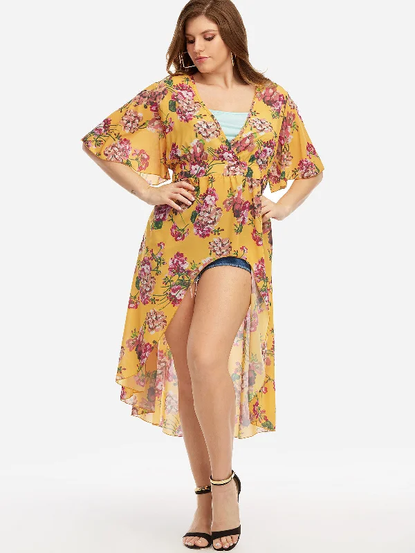 OEM ODM Deep V Neck Floral Print Pleated Half Sleeve Yellow Plus Size Tops