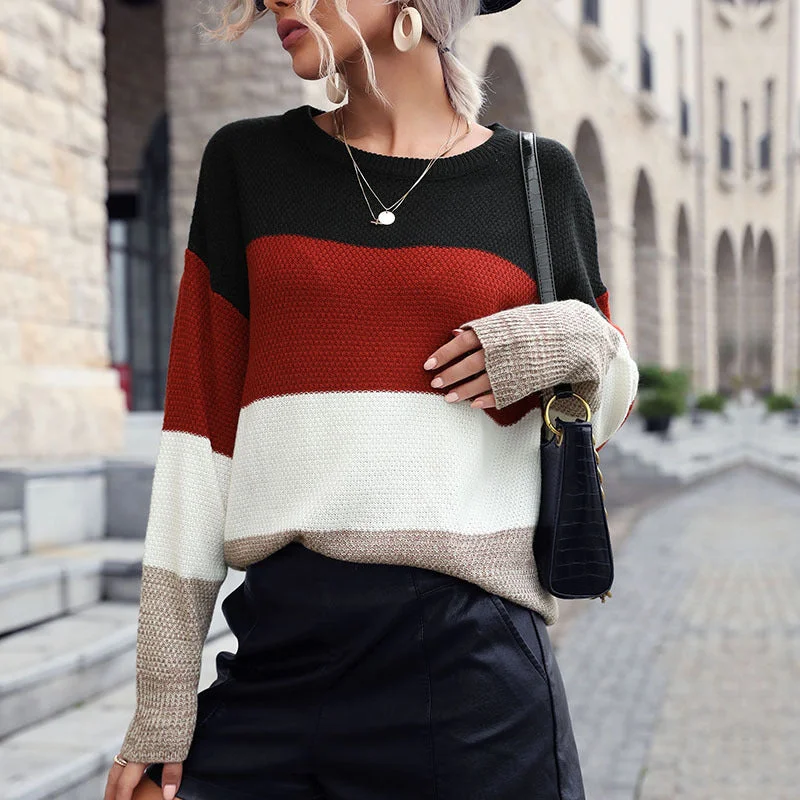 Contrasting Color Loose Long-Sleeve Stitching Retro Pullover Sweater Wholesale Top