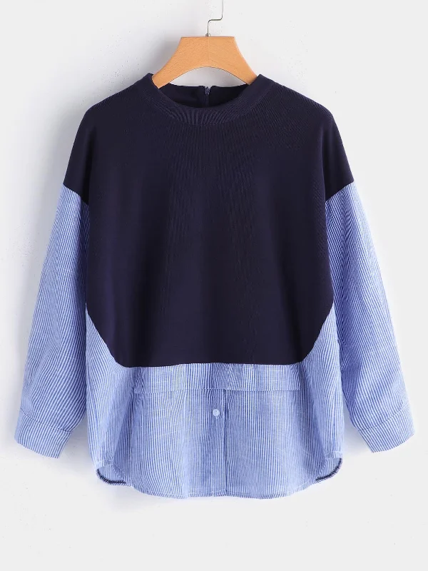 OEM ODM Round Neck Long Sleeve Curved Hem Blue Plus Size Tops