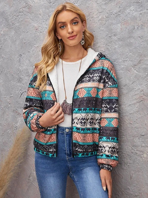 Casual Tribal Zipper Long Sleeve Hooded Regular Women Jacket