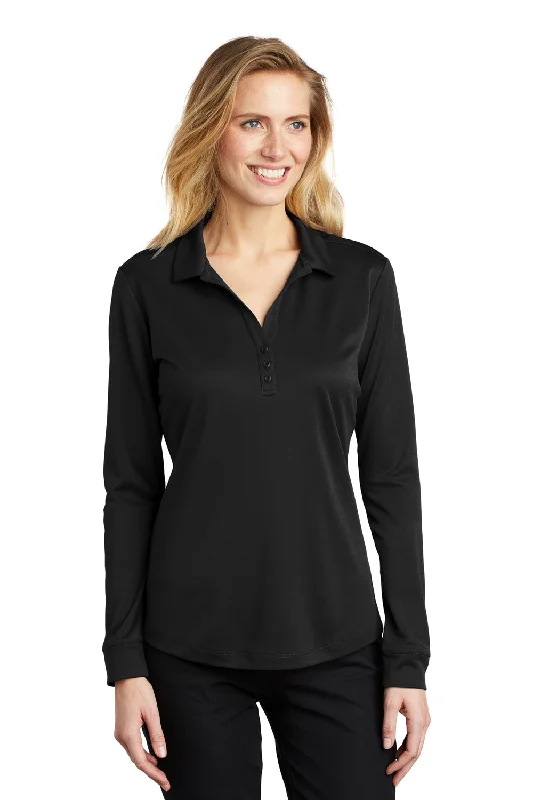 Port Authority Womens Silk Touch Performance Moisture Wicking Long Sleeve Polo Shirt - Black