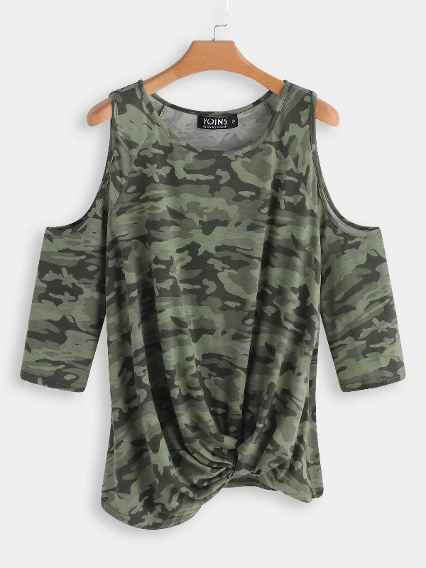 Custom Round Neck Cold Shoulder Camouflage Long Sleeve Irregular Hem Green T-Shirts