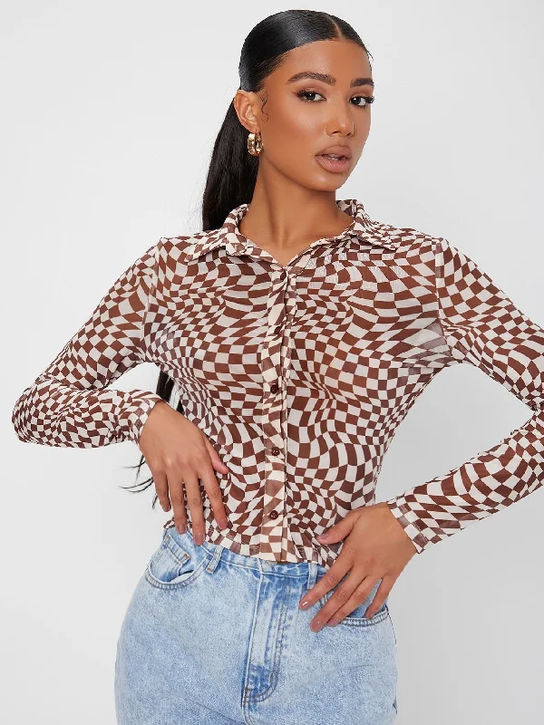 Casual Gingham Button Front Long Sleeve Collar Regular Women Top