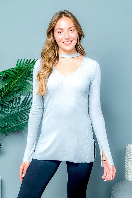 Split Cuffs Long Sleeve V-neck Chocker Top Unfinished Hem*  (T2001KL)