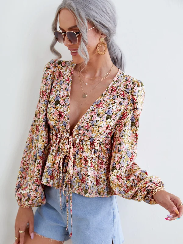 Boho Ditsy Floral Tie Front Long Sleeve Deep V Neck Flared Regular Women Top