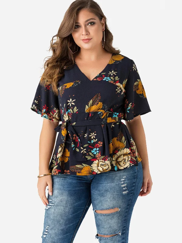 OEM ODM V-Neck Floral Print Self-Tie Half Sleeve Flounced Hem Black Plus Size Tops