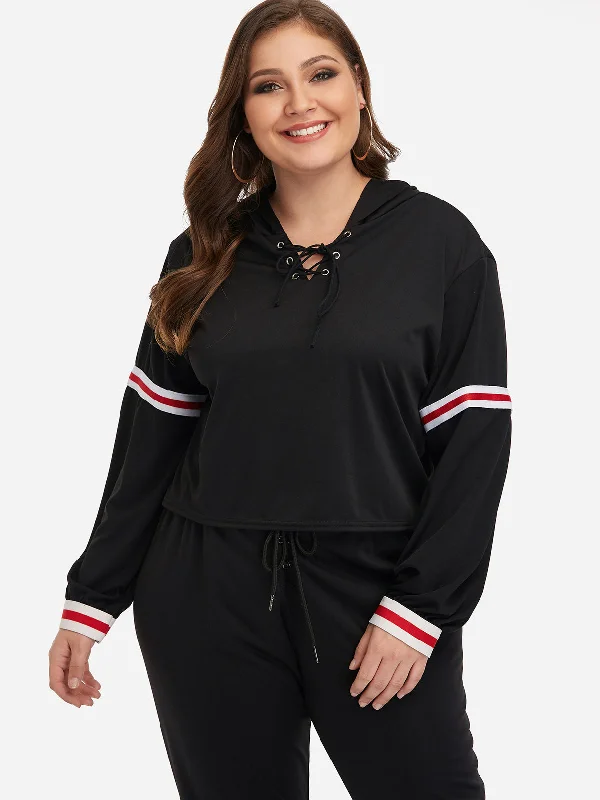 OEM ODM V-Neck Hooded Lace-Up Long Sleeve Black Plus Size Tops