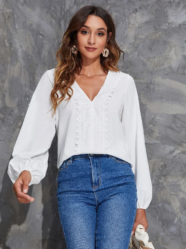 Elegant Plain Contrast Lace Long Sleeve V Neck Regular Blouse