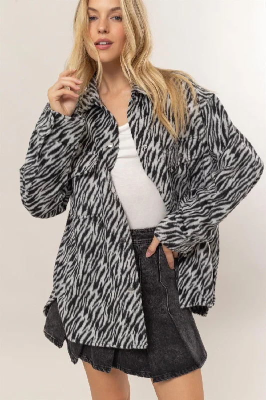 HYFVE Zebra Print Snap Down Long Sleeve Shacket