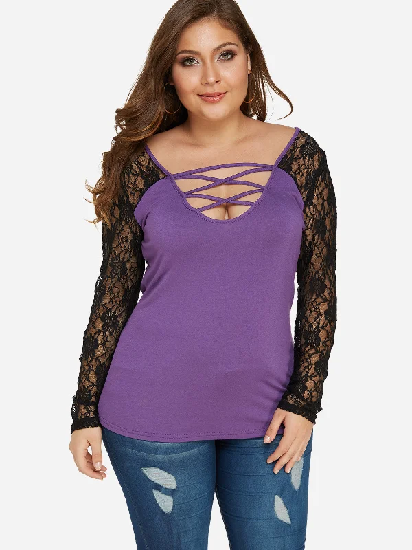 OEM ODM Scoop Neck Lace Hollow See Through Criss-Cross Long Sleeve Bodycon Purple Plus Size Tops