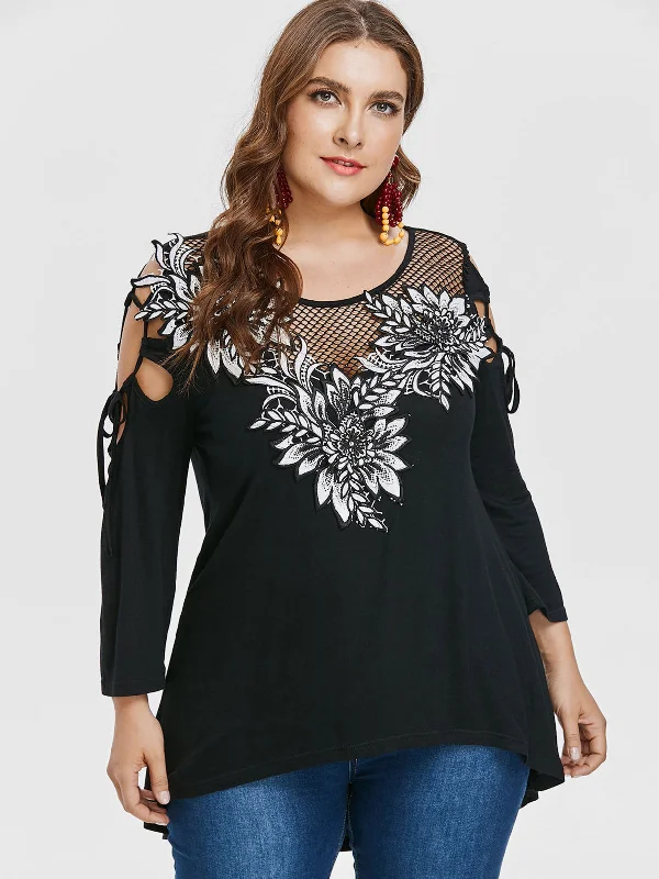 OEM ODM Round Neck Plain Hollow Cut Out Long Sleeve High-Low Hem Black Plus Size Tops