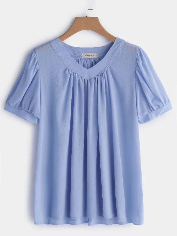 OEM ODM V-Neck Plain Pleated Short Sleeve Plus Size Tops