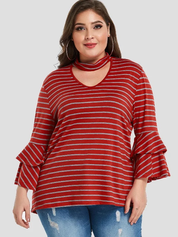 OEM ODM V-Neck Stripe Tiered Ruffle Trim Long Sleeve Plus Size Tops