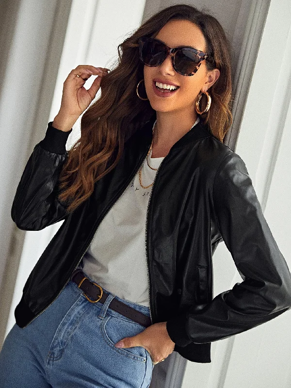 Casual Plain Zipper Long Sleeve Baseball Collar Crop Women Jacket