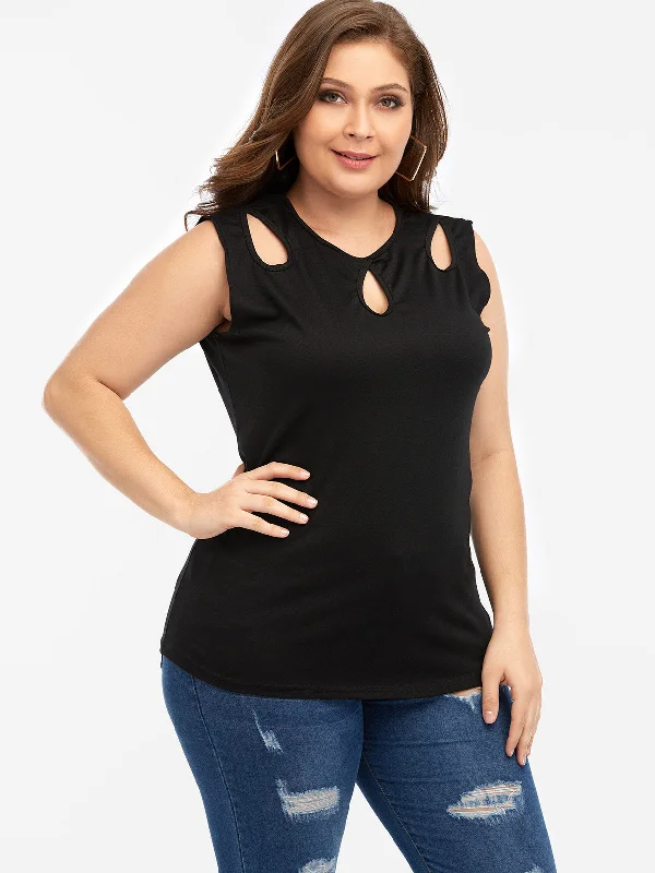 OEM ODM Round Neck Plain Cut Out Sleeveless Black Plus Size Tops