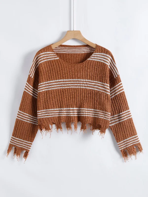 Casual Striped Rib-Knit Long Sleeve Round Neck Crop Women Sweater