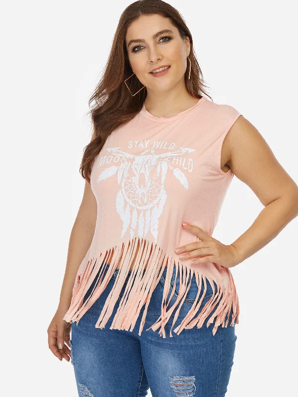 OEM ODM Scoop Neck Printed Tassel Sleeveless Tassel Hem Pink Plus Size Tops