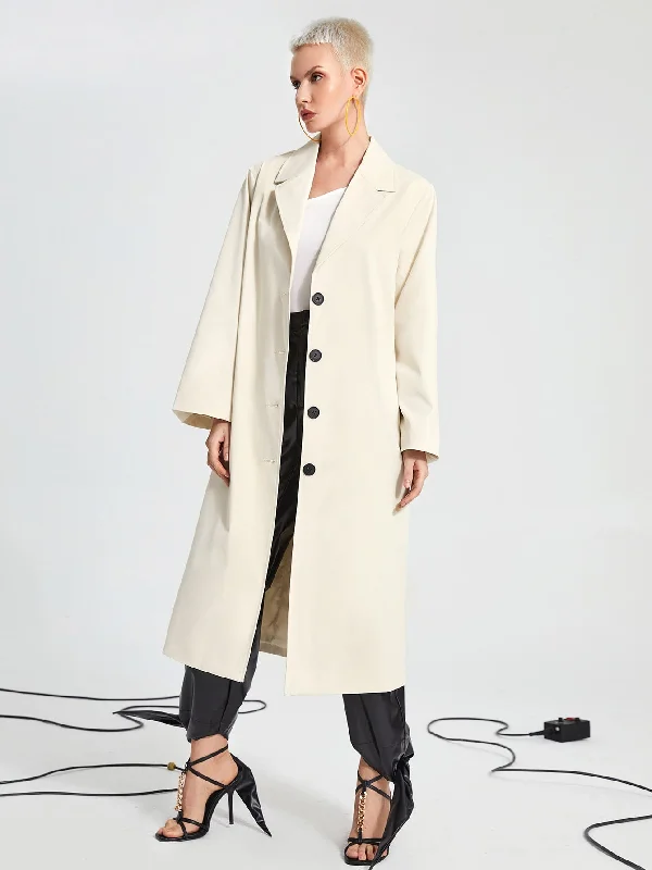 Elegant Plain Button Front Long Sleeve Lapel Long Women Trench Coat