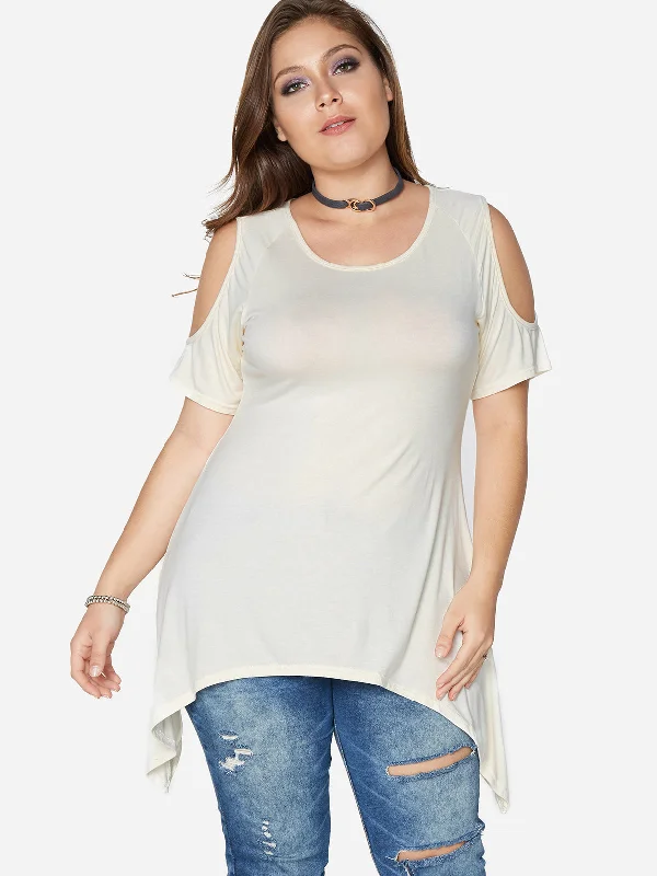 OEM ODM Round Neck Cold Shoulder Plain Short Sleeve Irregular Hem Plus Size Tops