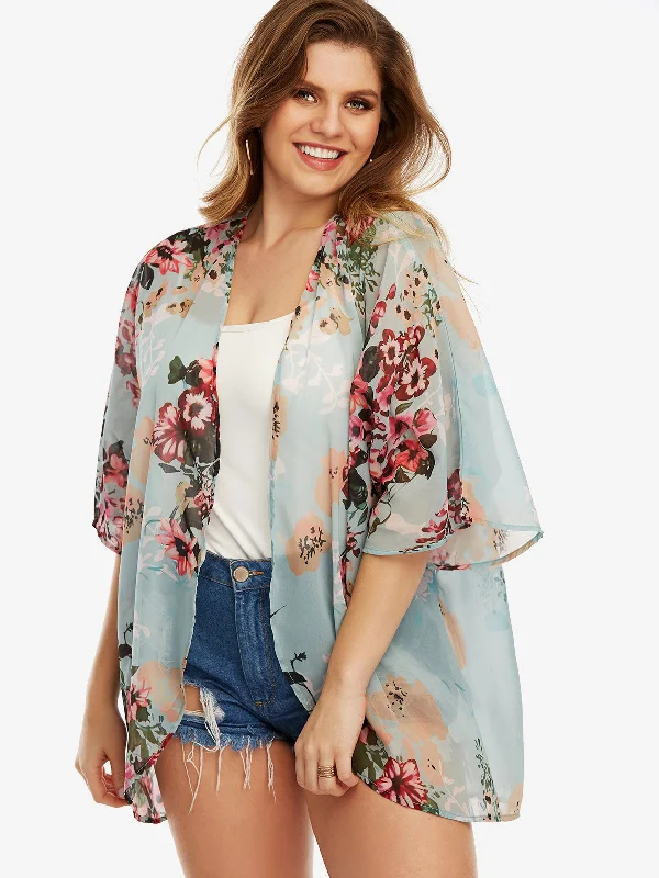 OEM ODM Floral Print Sheer Half Sleeve Plus Size Tops