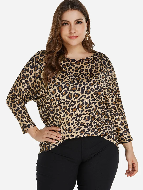 OEM ODM Round Neck Leopard Long Sleeve Oversized Tops