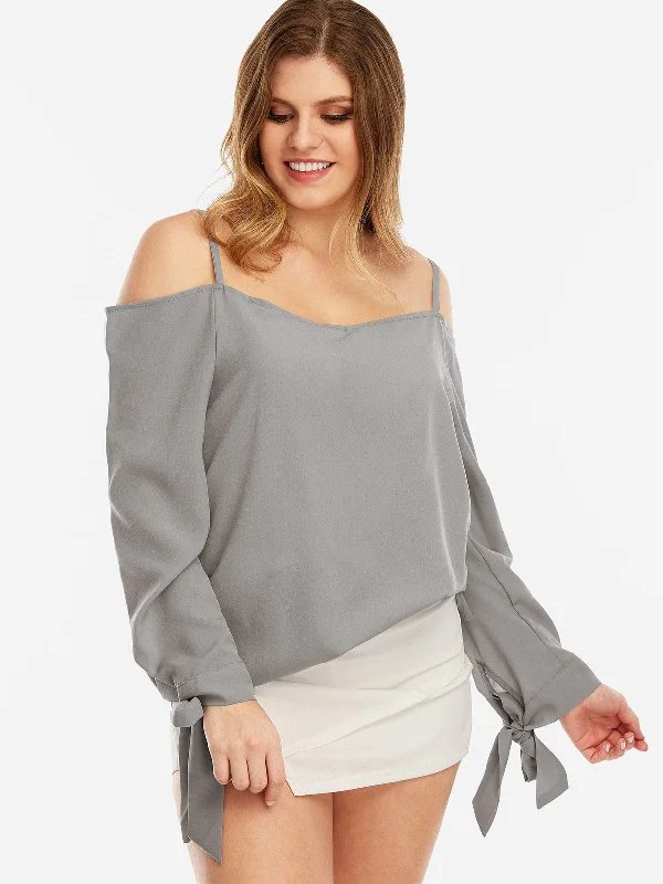 OEM ODM Cold Shoulder Plain Cut Out Long Sleeve Grey Plus Size Tops