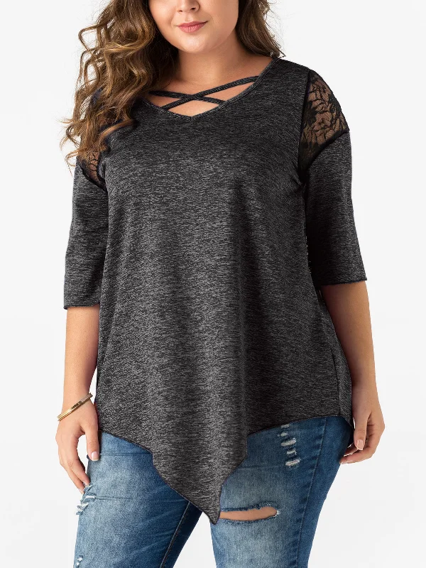 OEM ODM V-Neck Plain Lace Half Sleeve Irregular Hem Plus Size Tops