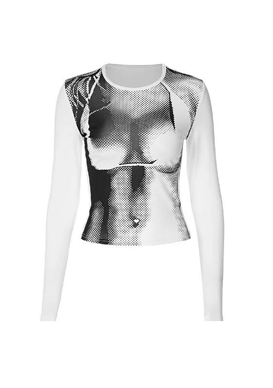 Digital Print Round Neck Y2K Slim Long Sleeve Top Cherrykitten