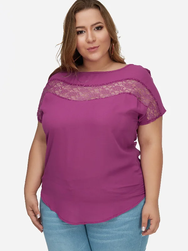 OEM ODM Round Neck Plain Lace Hollow Short Sleeve Rose Plus Size Tops