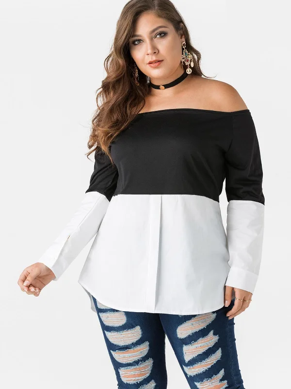 OEM ODM Off The Shoulder Backless Long Sleeve Curved Stitching Hem Plus Size Tops