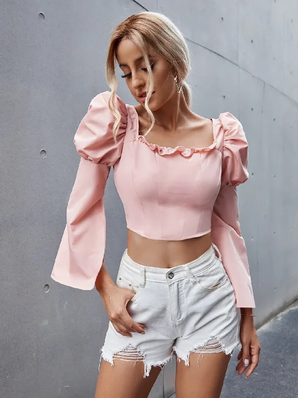 Boho Plain Zipper Long Sleeve Scoop Neck Crop Blouse