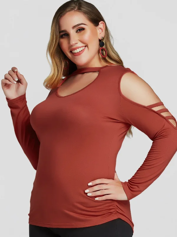 OEM ODM Plain Cut Out Long Sleeve Coral Plus Size Tops