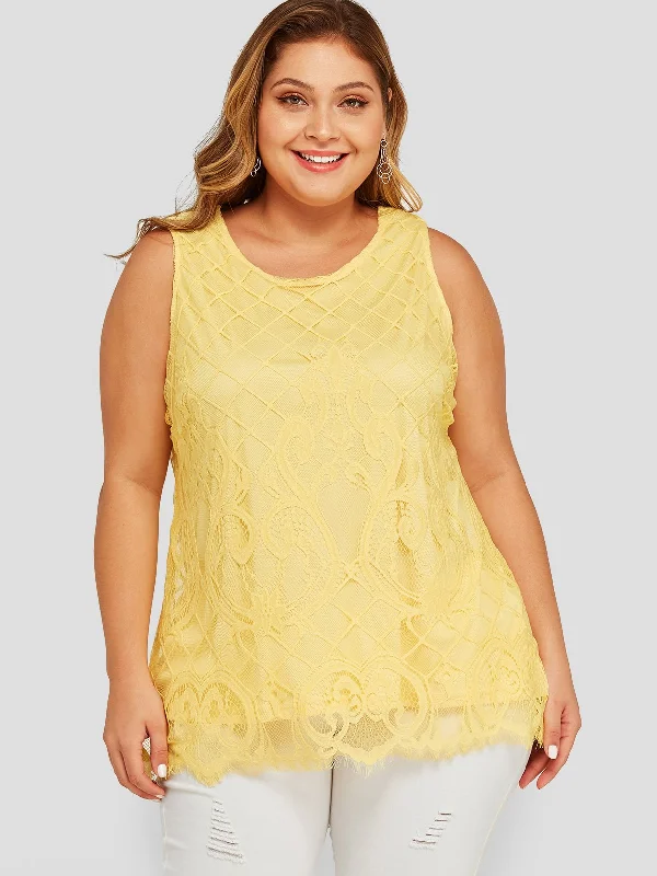 OEM ODM Round Neck Embroidered Sleeveless Yellow Plus Size Tops