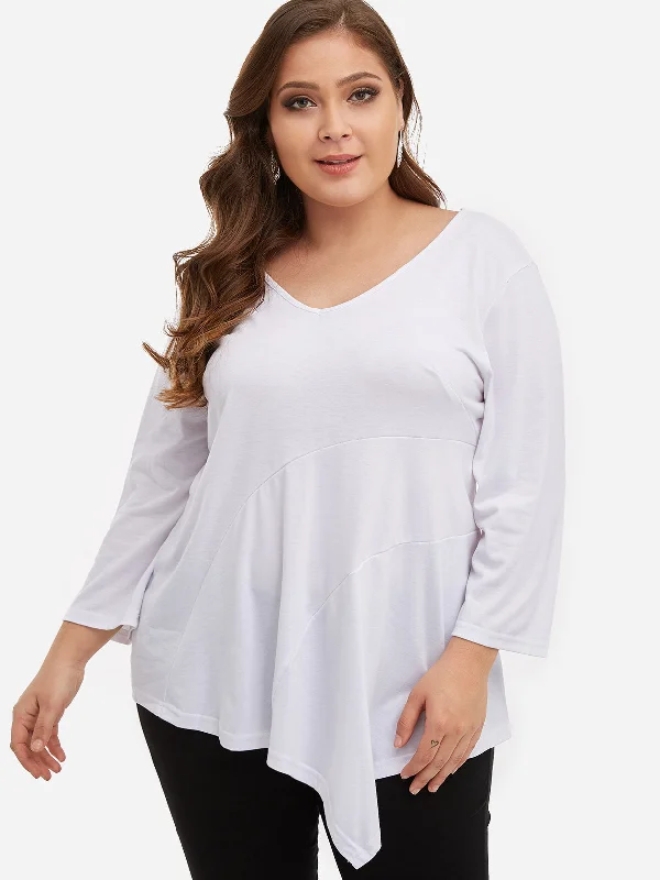 OEM ODM V-Neck Plain Long Sleeve Asymmetrical Hem White Plus Size Tops