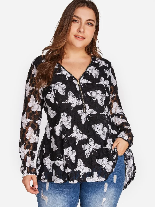 OEM ODM V-Neck Animal Floral Print Long Sleeve Black Plus Size Tops