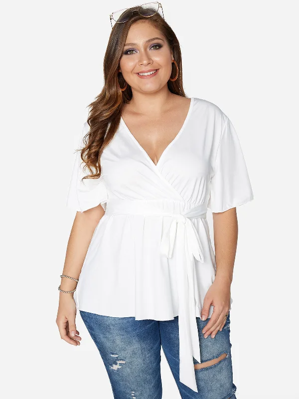 OEM ODM V-Neck Plain Self-Tie Short Sleeve Flounced Hem White Plus Size Tops